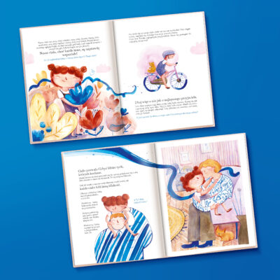 Rozkładówki z książki dla dzieci "Twoje ciało, Twój skarb" Główną bohaterką jest kilkuletnia dziewczynka.